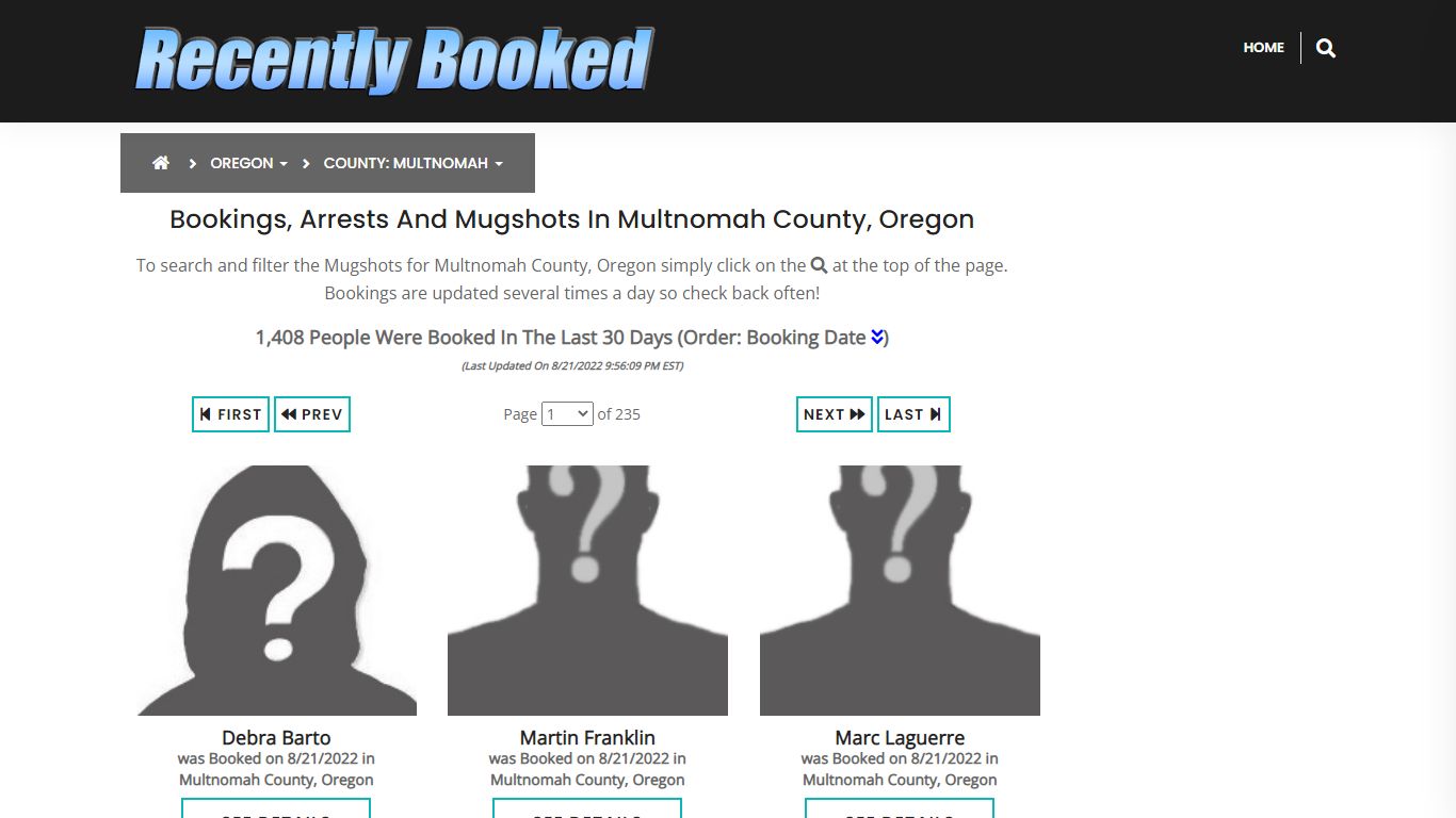 Bookings, Arrests and Mugshots in Multnomah County, Oregon